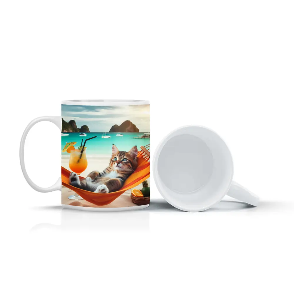 Kitten Relaxing on Hammock Tropical Beach – Mugs