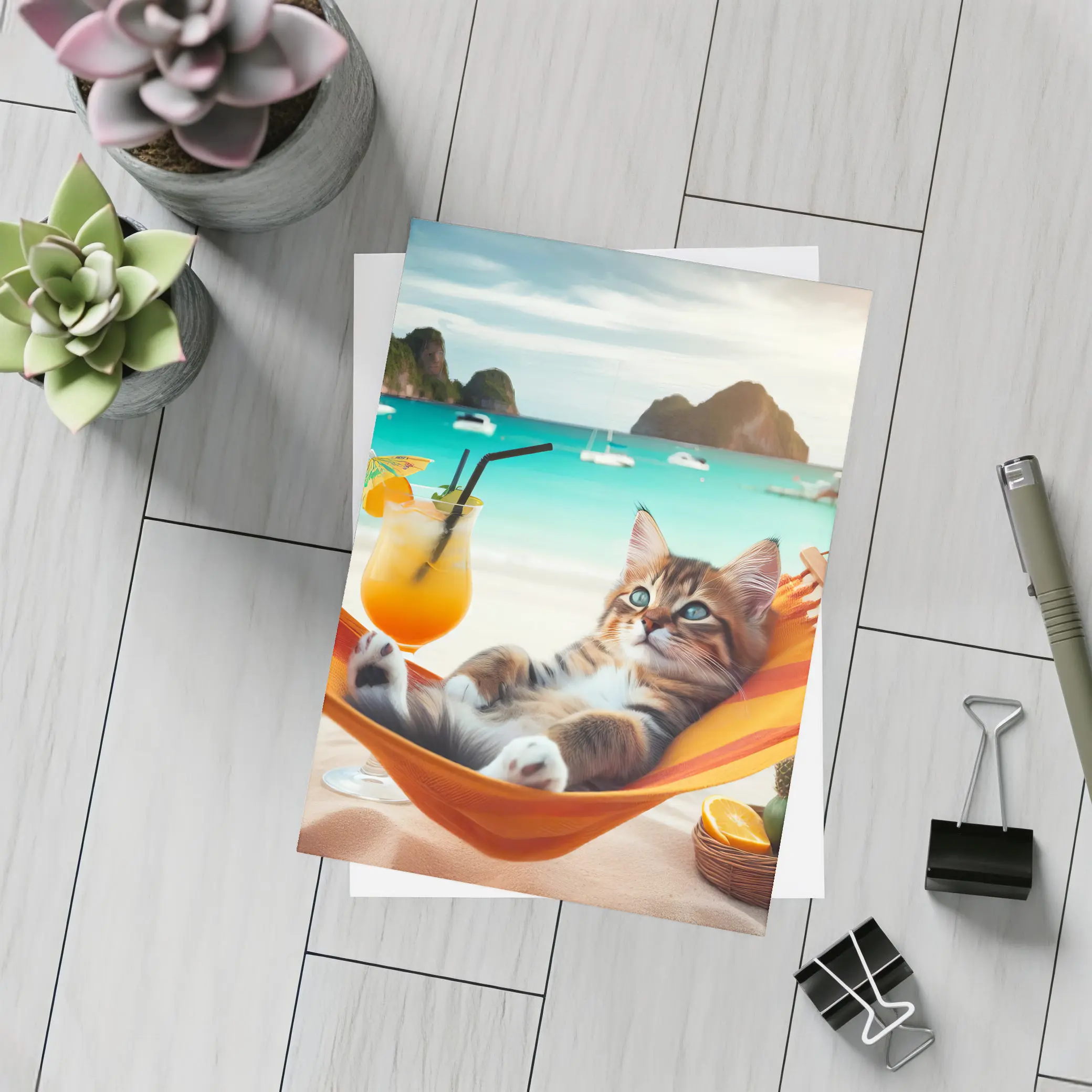 Kitten Relaxing on Hammock Tropical Beach – Postcards