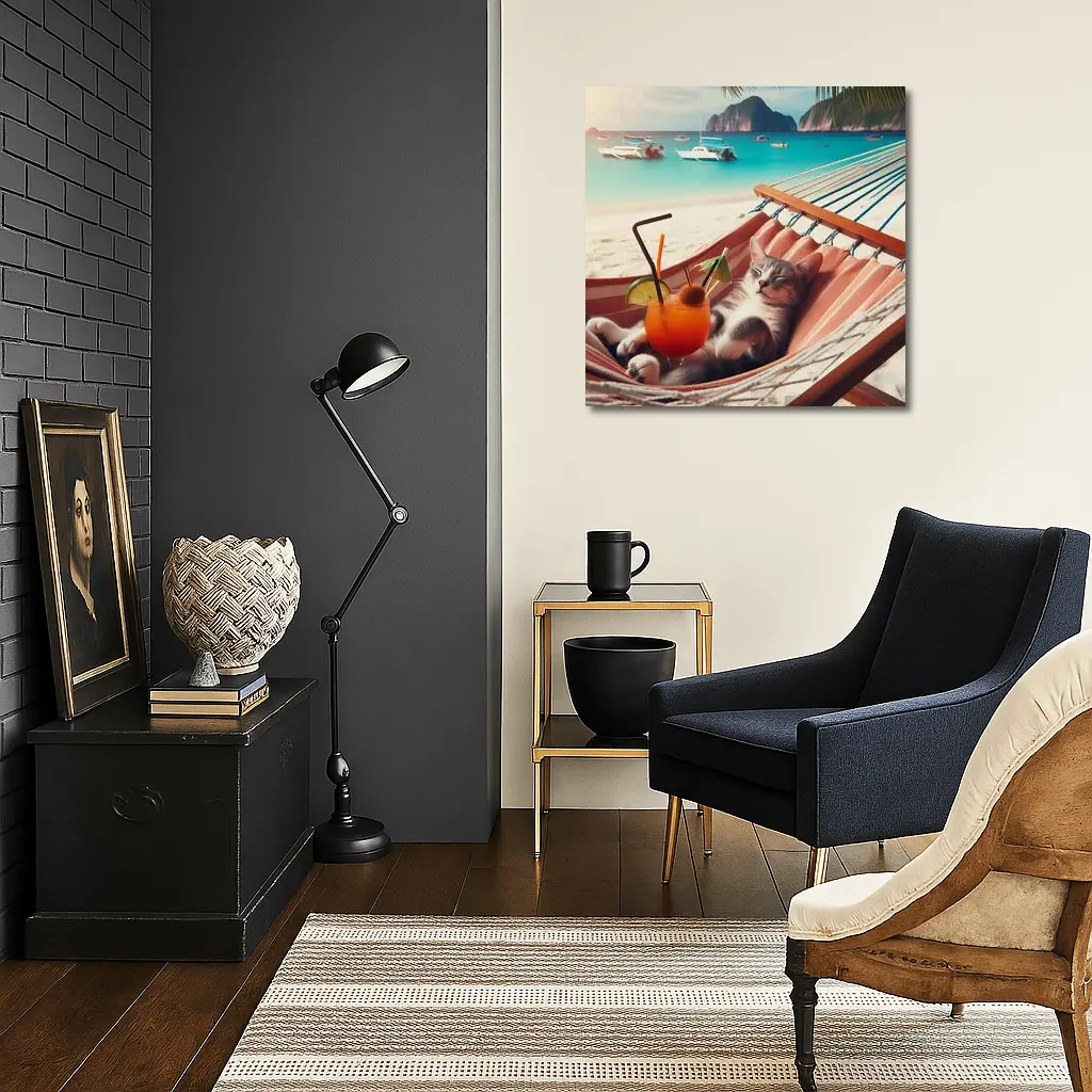 Cat Relaxing in Hammock Tropical Beach – Wall Art