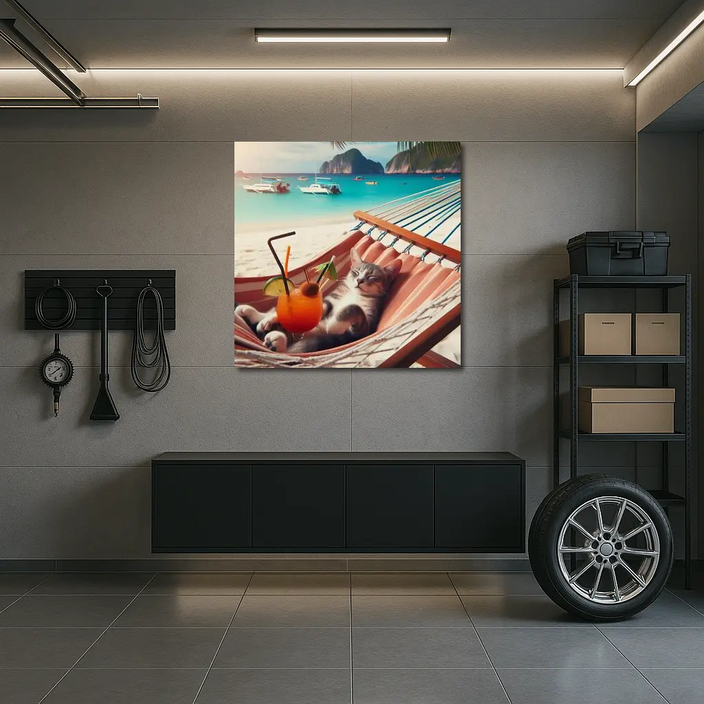 Cat Relaxing in Hammock Tropical Beach – Wall Art