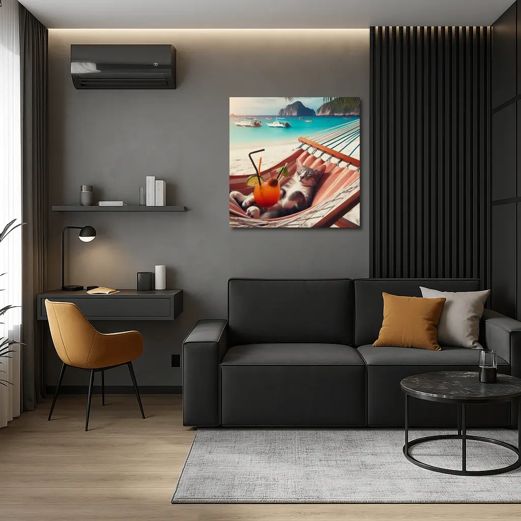Cat Relaxing in Hammock Tropical Beach – Wall Art