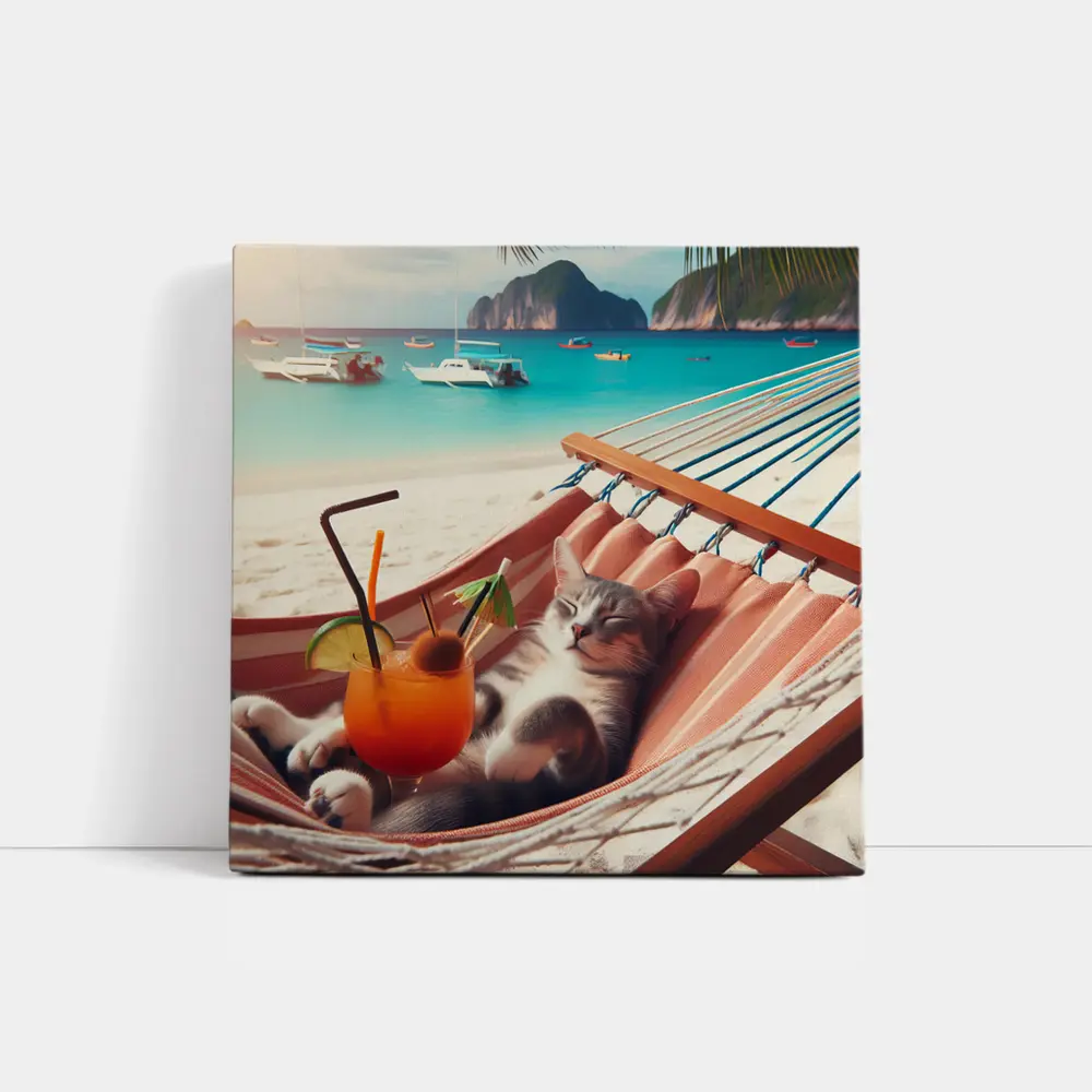 Cat Relaxing in Hammock Tropical Beach – Wall Art