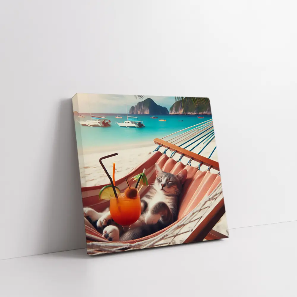 Cat Relaxing in Hammock Tropical Beach – Wall Art