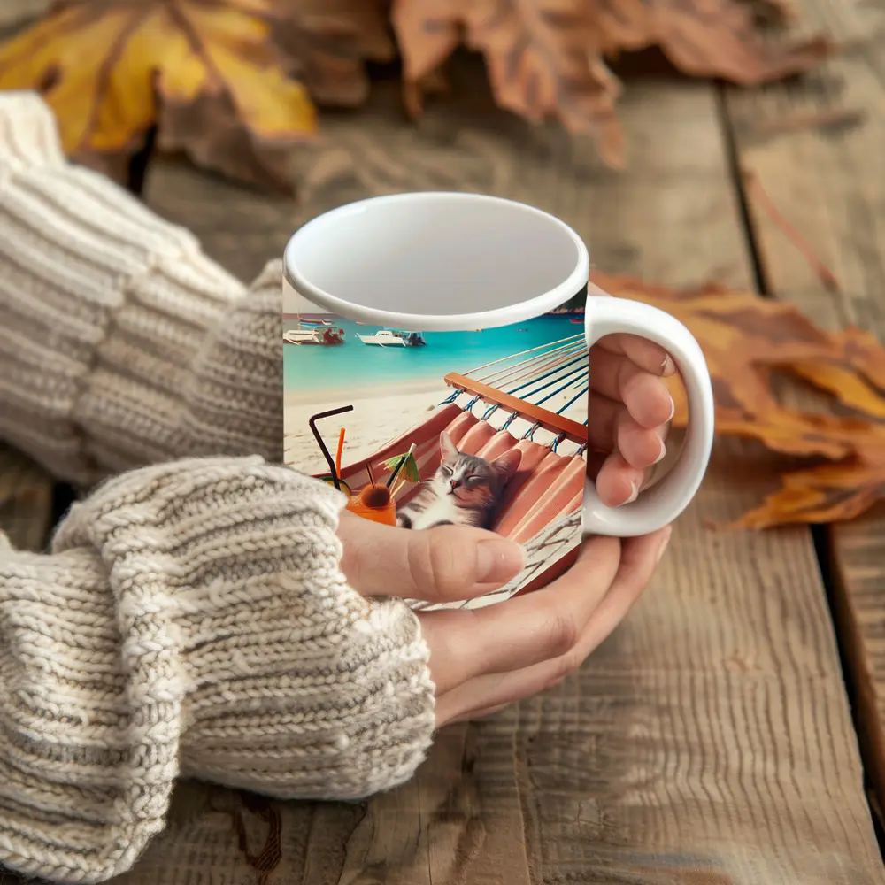 Cat Relaxing in Hammock Tropical Beach – Mugs