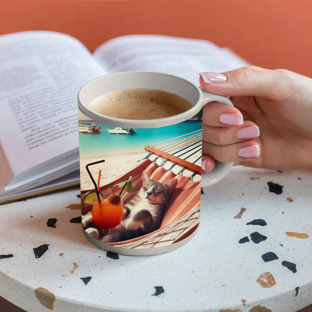 Cat Relaxing in Hammock Tropical Beach – Mugs