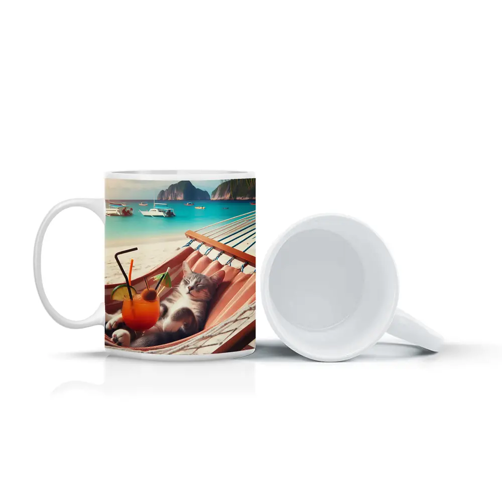 Cat Relaxing in Hammock Tropical Beach – Mugs