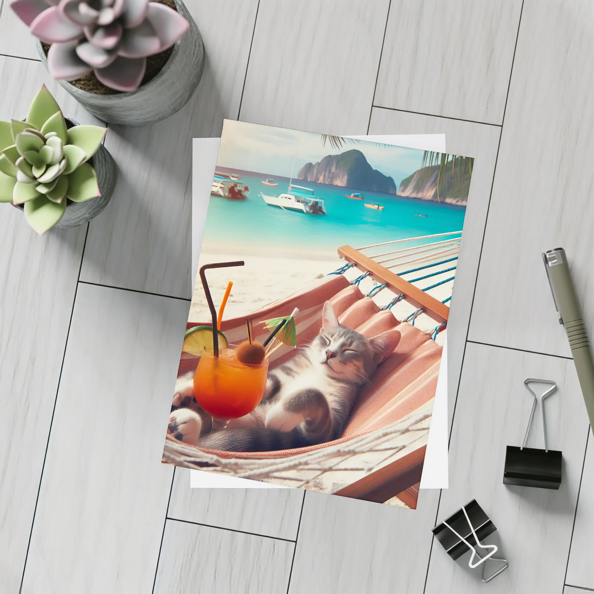 Cat Relaxing in Hammock Tropical Beach – Postcards