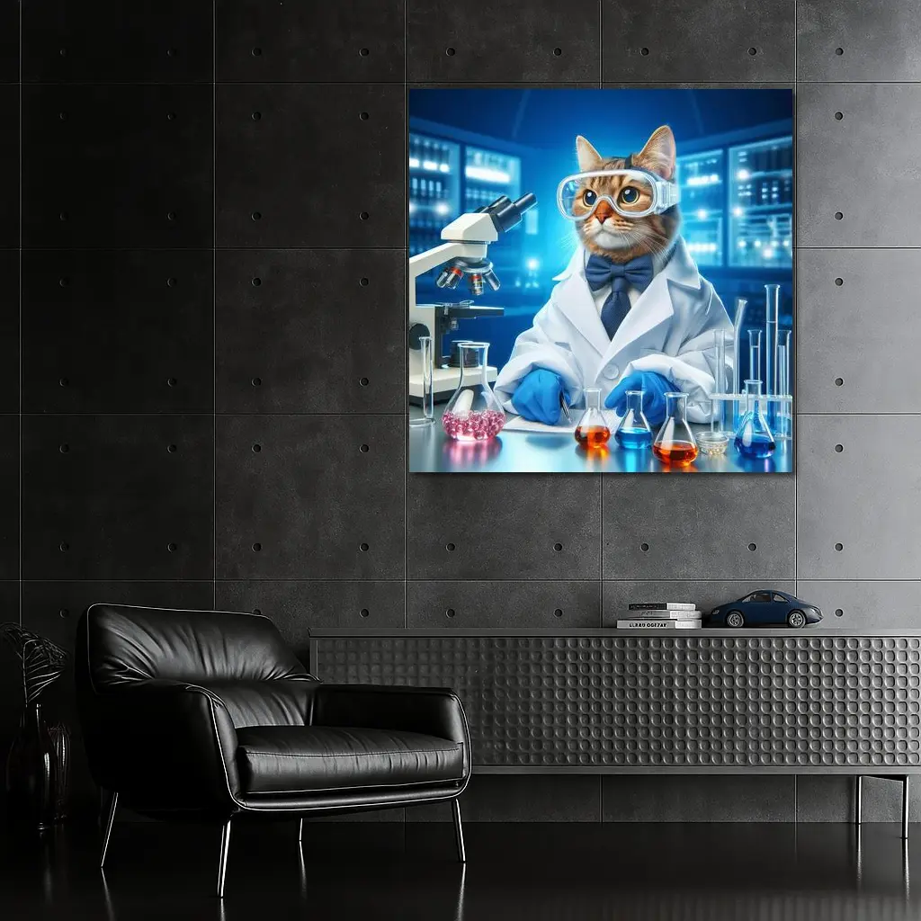 Cat Scientist In Laboratory Blue Background – Wall Art