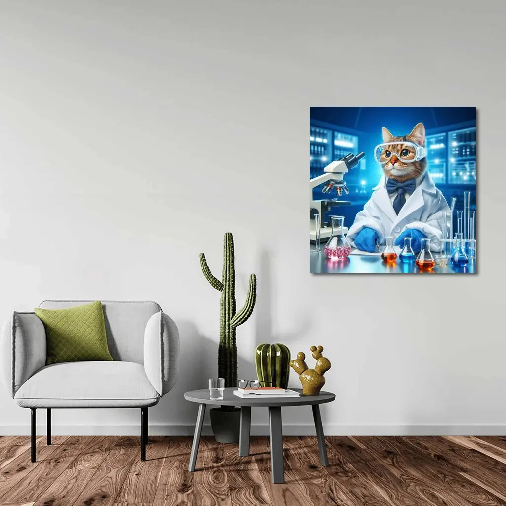 Cat Scientist In Laboratory Blue Background – Wall Art