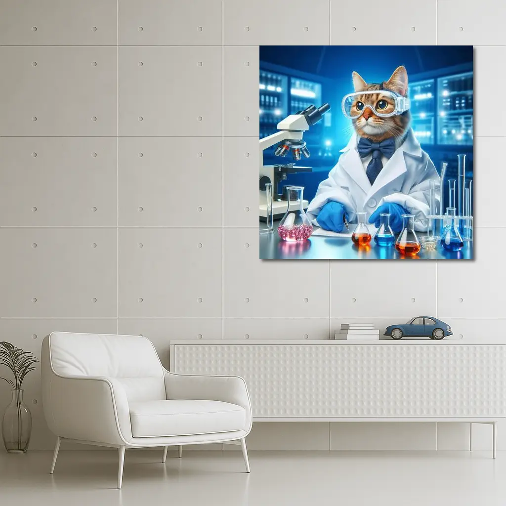 Cat Scientist In Laboratory Blue Background – Wall Art