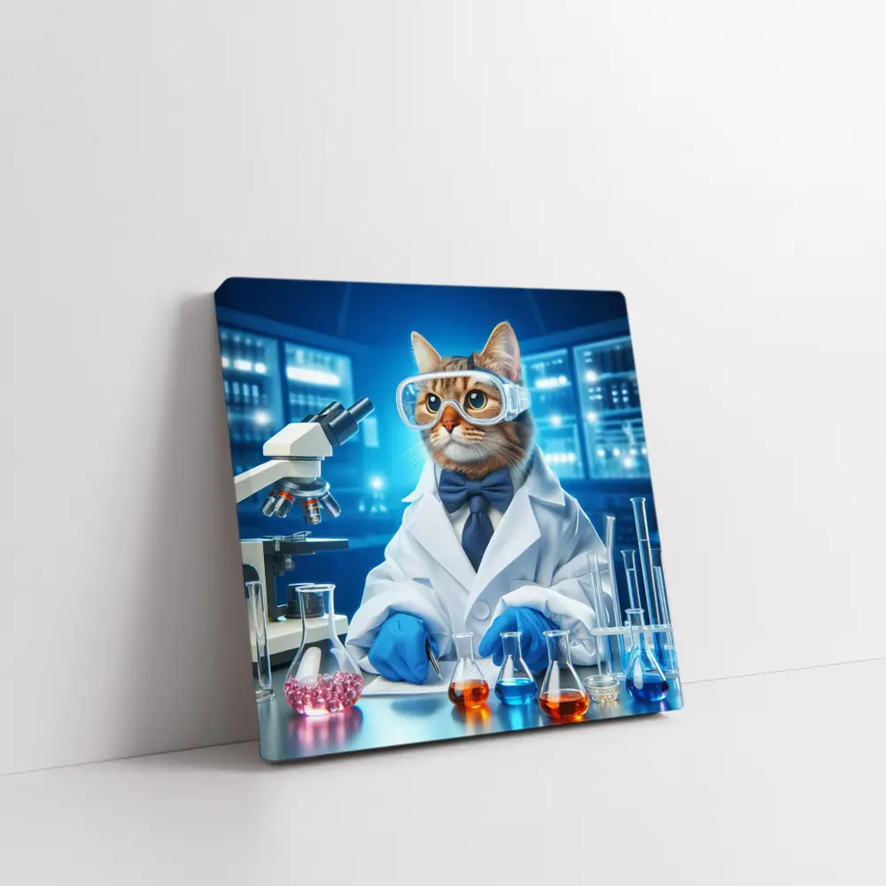 Cat Scientist In Laboratory Blue Background – Wall Art