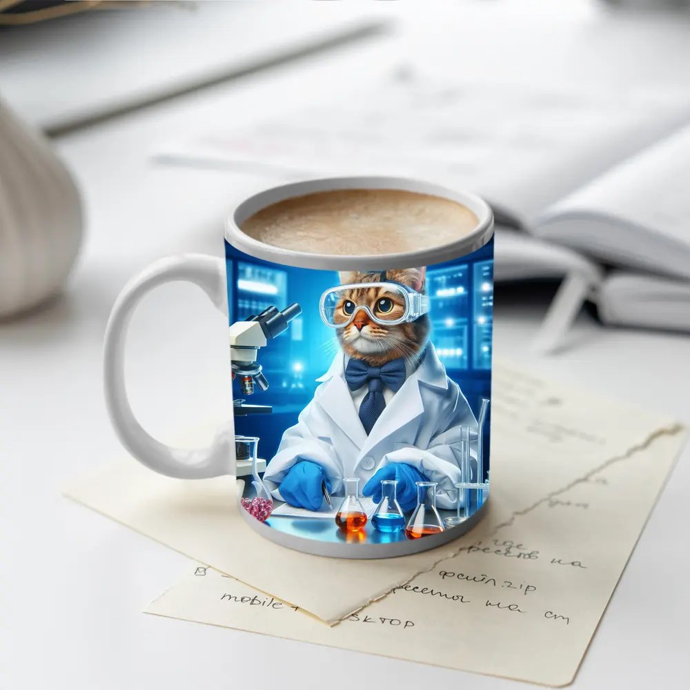 Cat Scientist In Laboratory Blue Background – Mugs