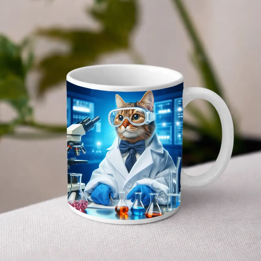 Cat Scientist In Laboratory Blue Background – Mugs