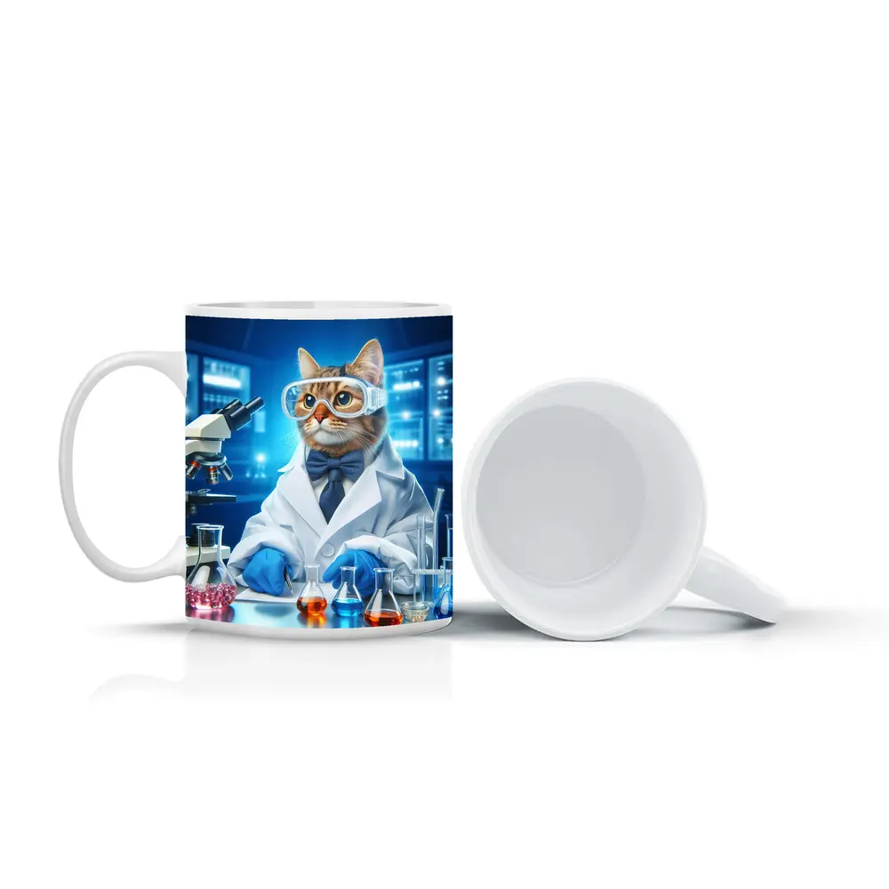 Cat Scientist In Laboratory Blue Background – Mugs