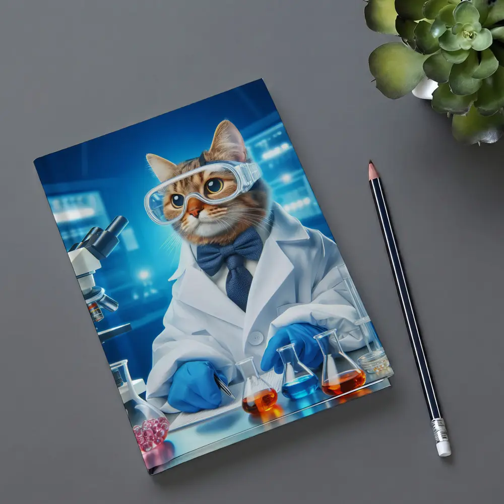 Cat Scientist In Laboratory Blue Background – Notebooks
