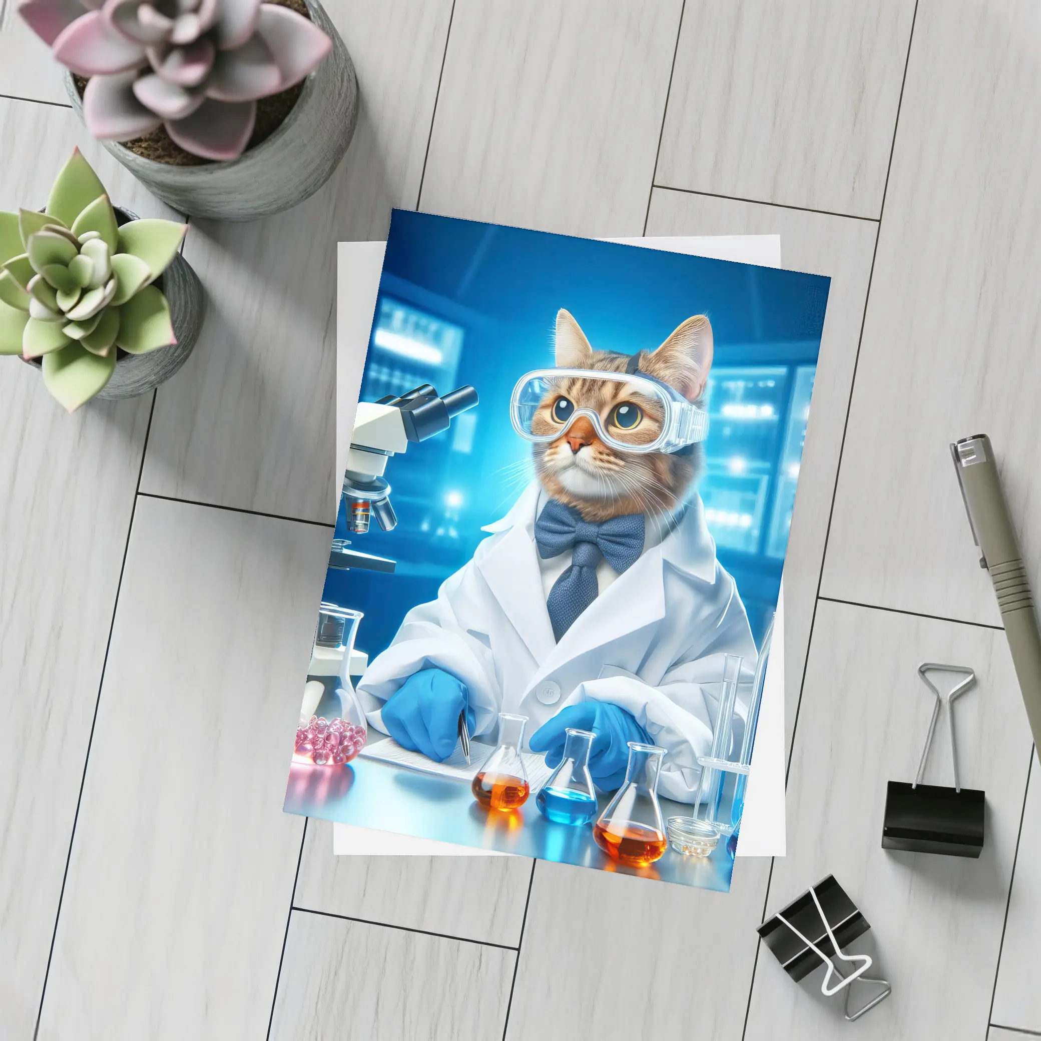 Cat Scientist In Laboratory Blue Background – Postcards