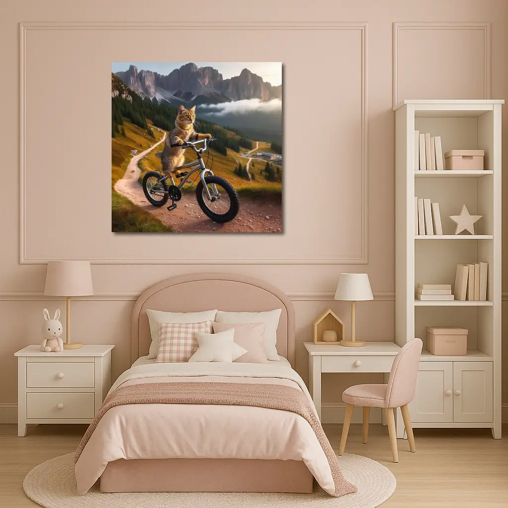 Tabby Cat Riding Bicycle Mountain Landscape – Wall Art