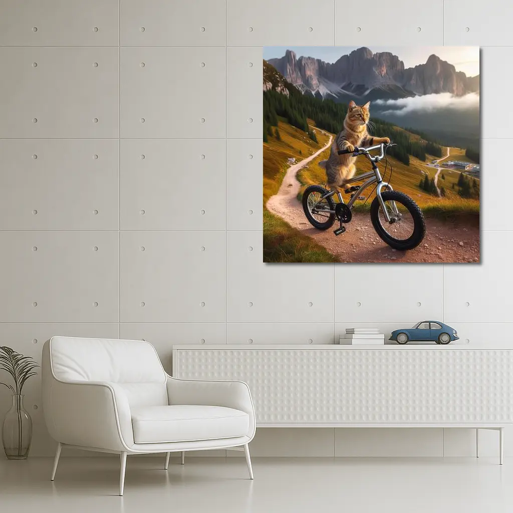 Tabby Cat Riding Bicycle Mountain Landscape – Wall Art
