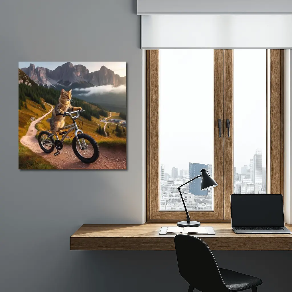 Tabby Cat Riding Bicycle Mountain Landscape – Wall Art