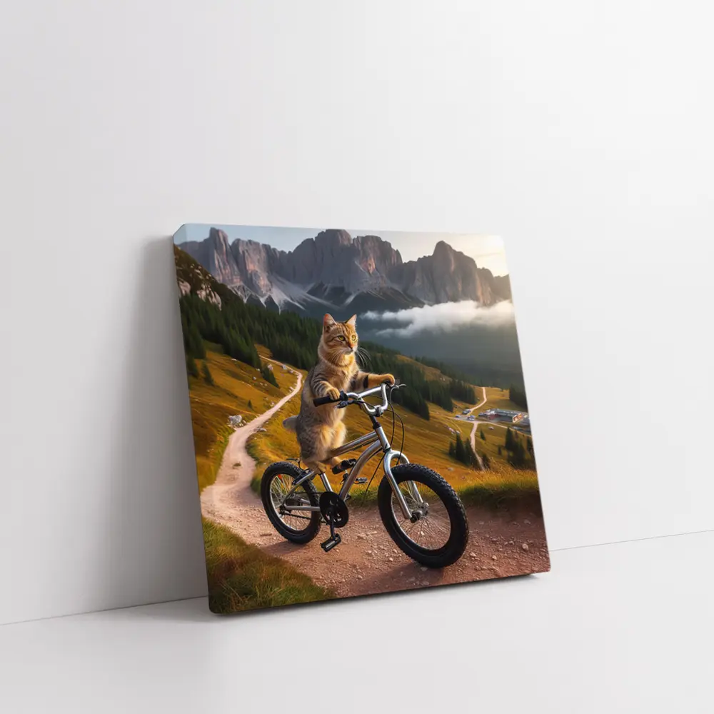 Tabby Cat Riding Bicycle Mountain Landscape – Wall Art