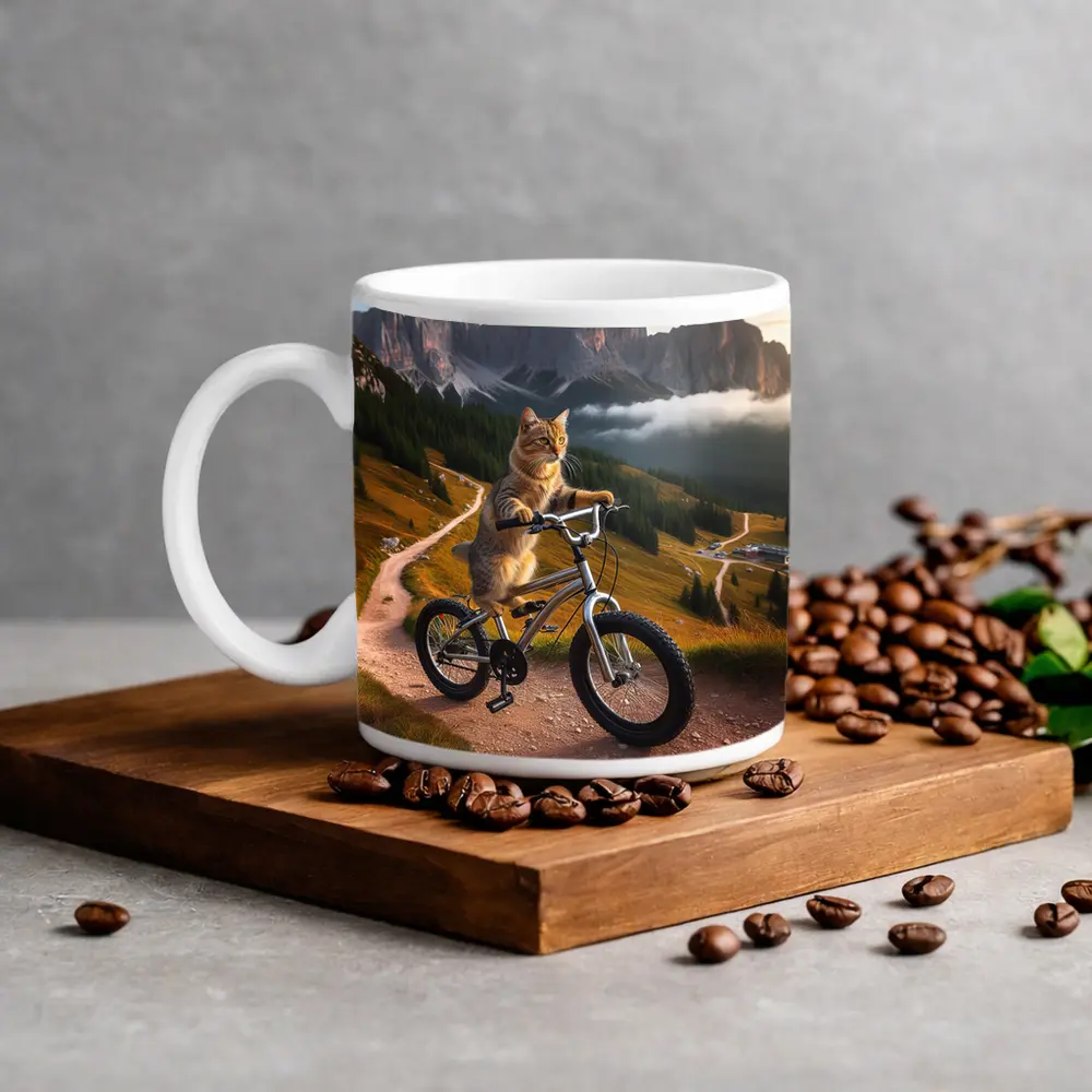 Tabby Cat Riding Bicycle Mountain Landscape – Mugs