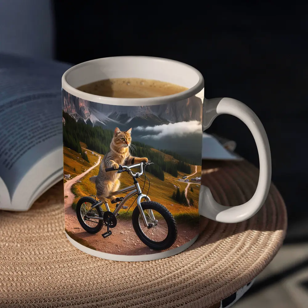 Tabby Cat Riding Bicycle Mountain Landscape – Mugs