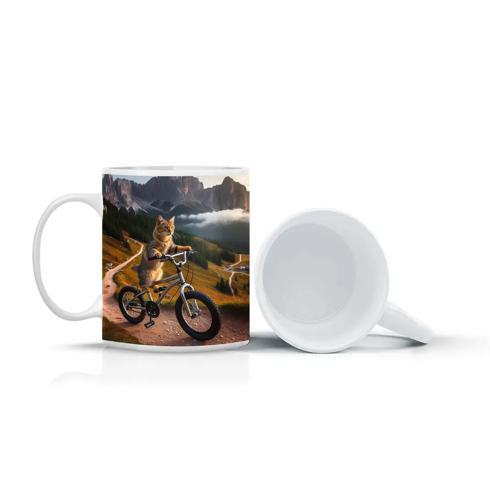 Tabby Cat Riding Bicycle Mountain Landscape – Mugs