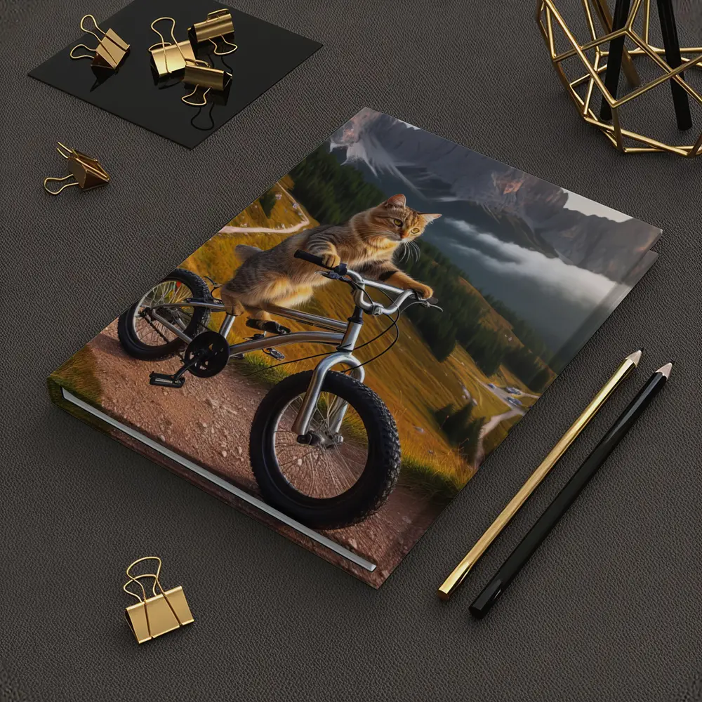 Tabby Cat Riding Bicycle Mountain Landscape – Notebooks