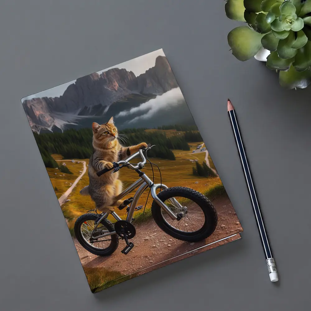 Tabby Cat Riding Bicycle Mountain Landscape – Notebooks