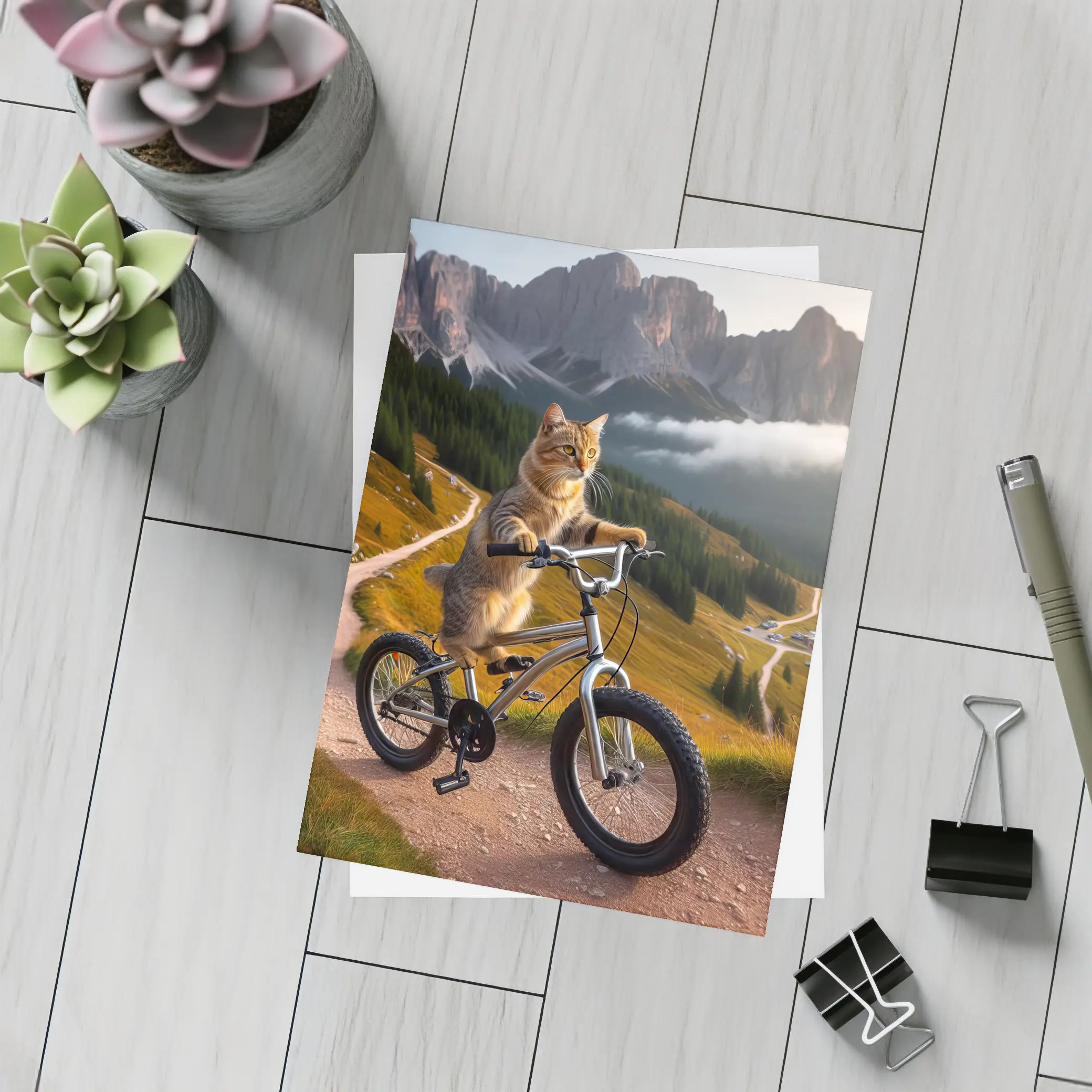 Tabby Cat Riding Bicycle Mountain Landscape – Postcards