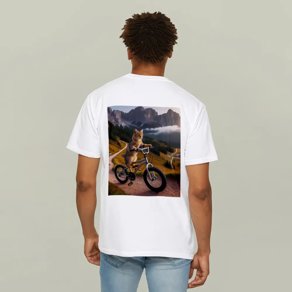 Tabby Cat Riding Bicycle Mountain Landscape – T-Shirts