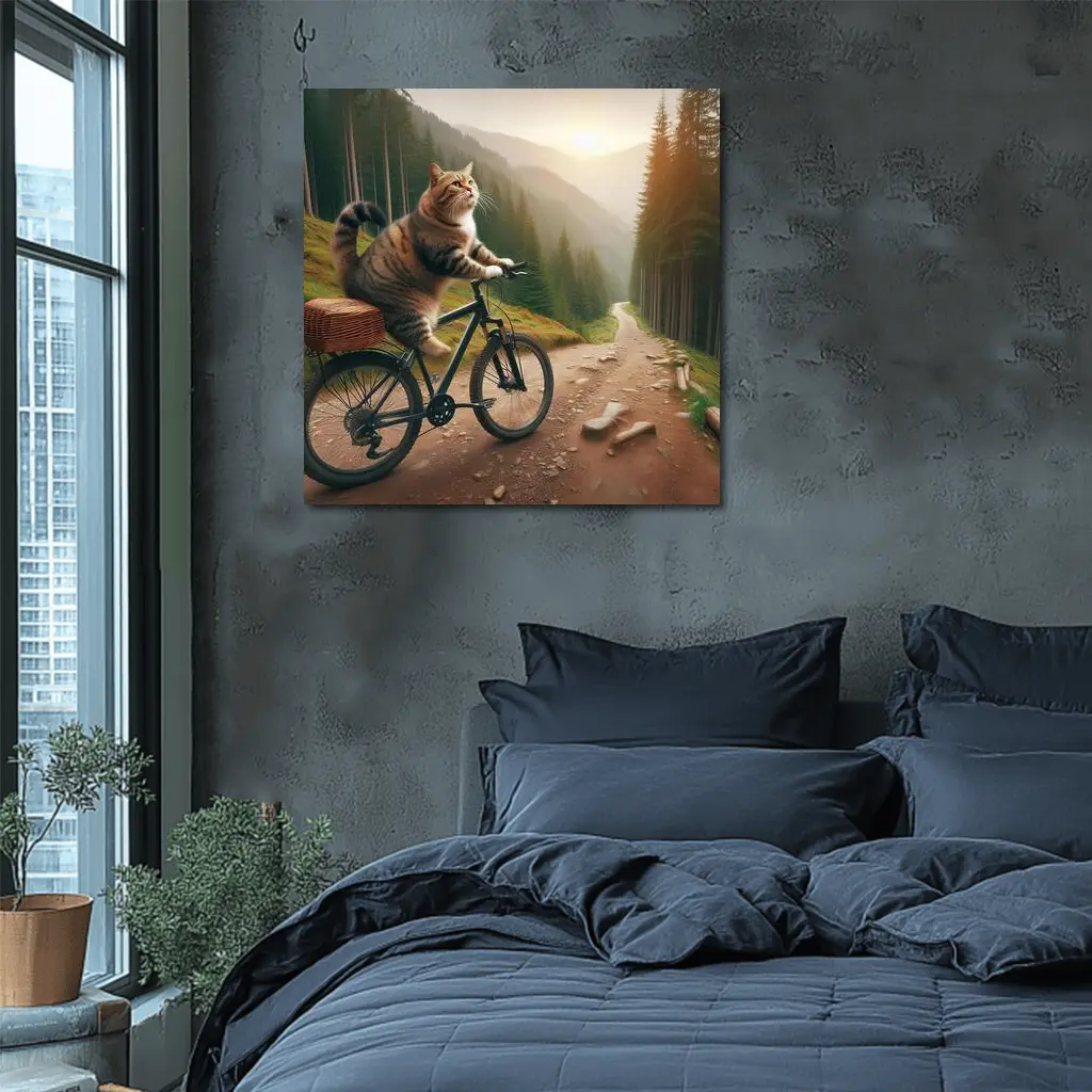 Cat Riding Bicycle Forest Mountain Trail – Wall Art
