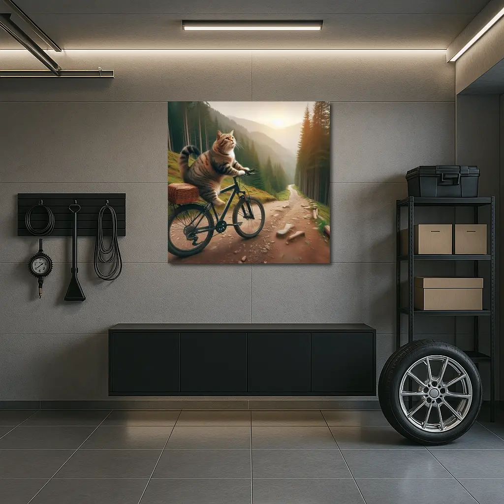 Cat Riding Bicycle Forest Mountain Trail – Wall Art