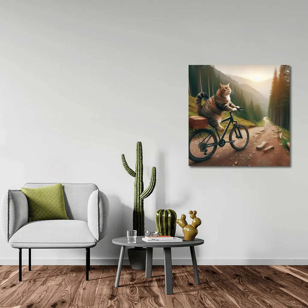 Cat Riding Bicycle Forest Mountain Trail – Wall Art