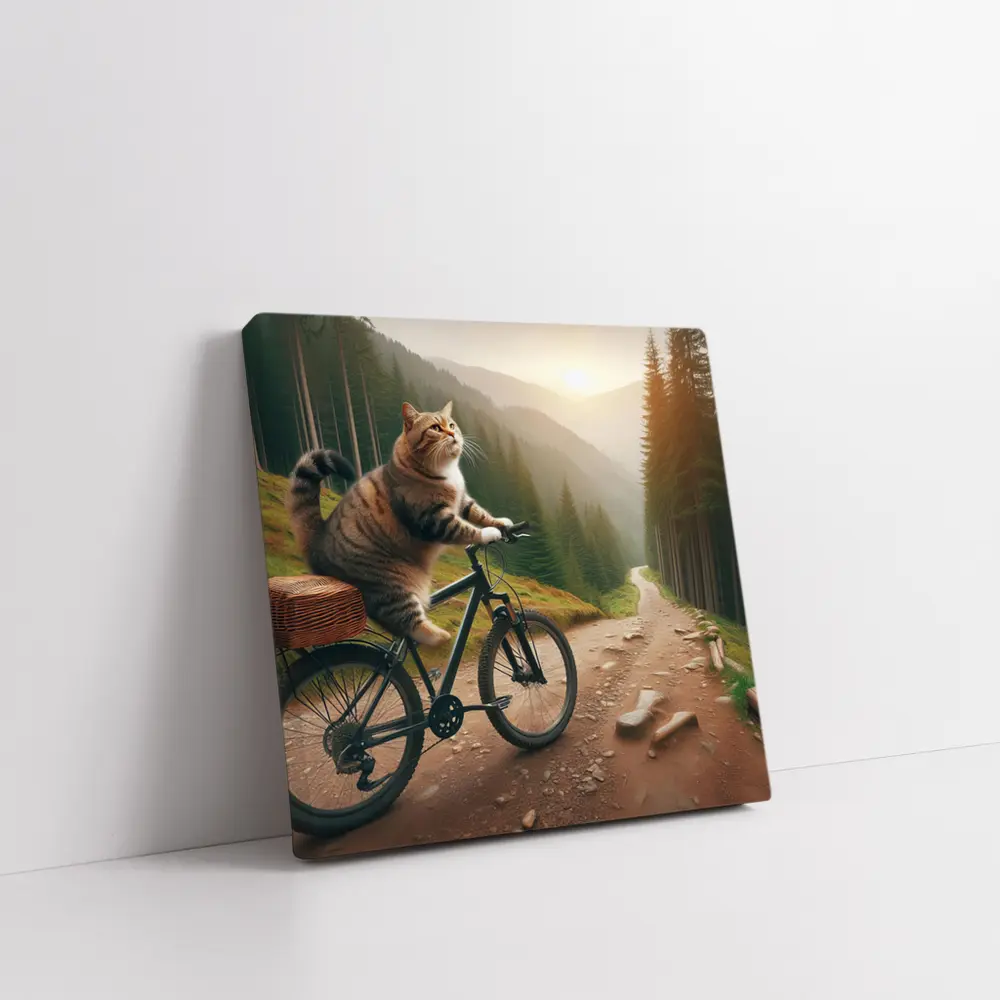 Cat Riding Bicycle Forest Mountain Trail – Wall Art