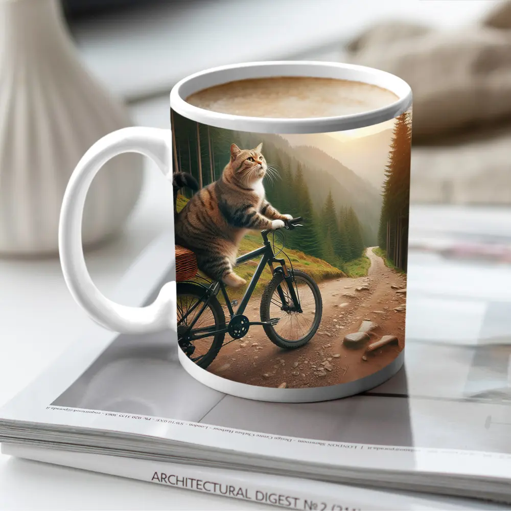 Cat Riding Bicycle Forest Mountain Trail – Mugs