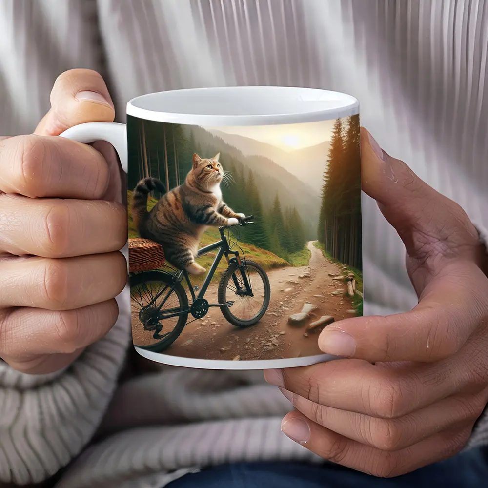 Cat Riding Bicycle Forest Mountain Trail – Mugs