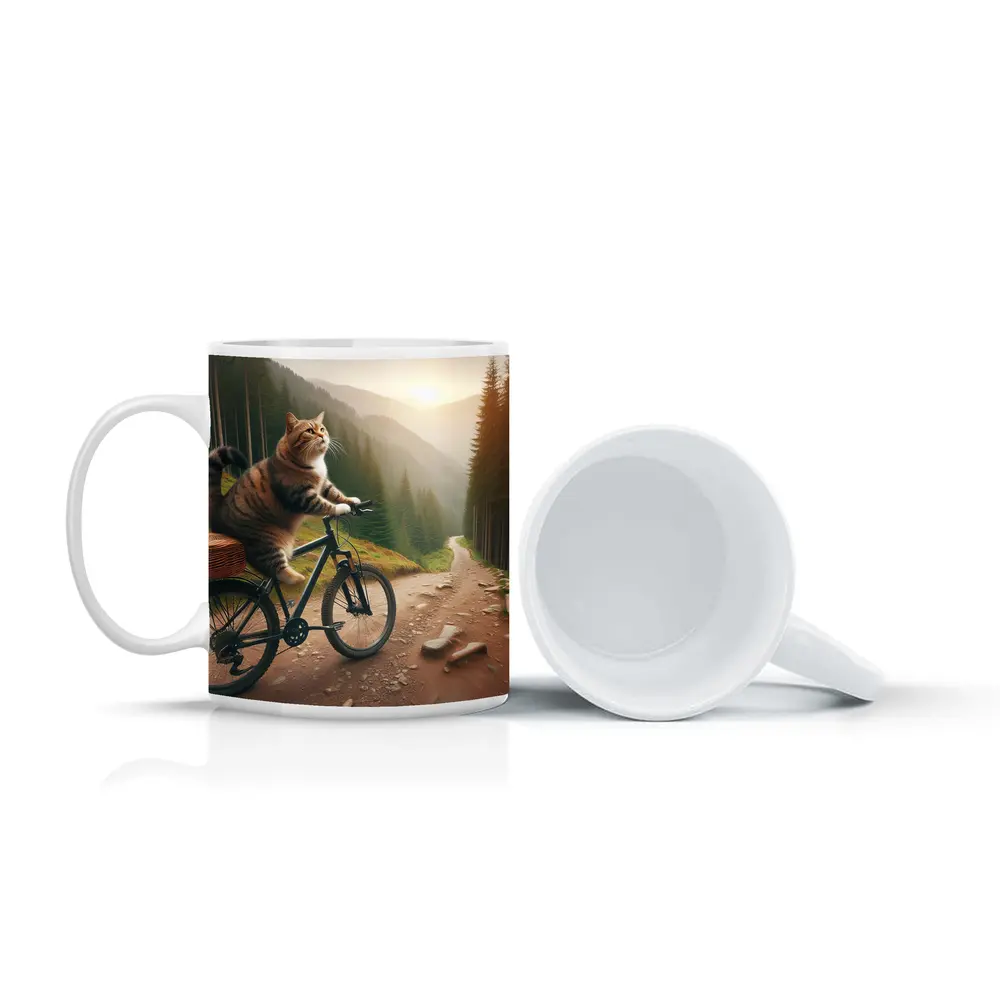 Cat Riding Bicycle Forest Mountain Trail – Mugs
