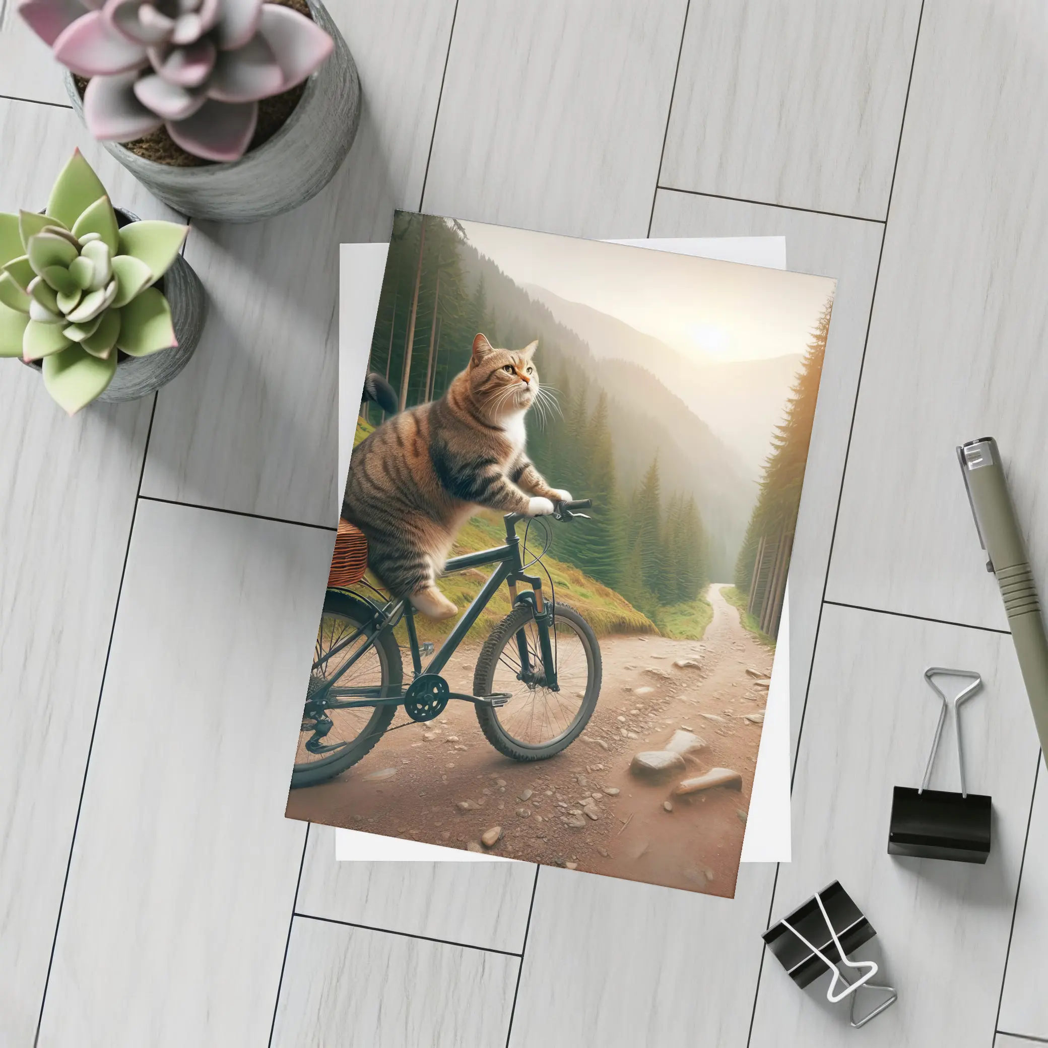 Cat Riding Bicycle Forest Mountain Trail – Postcards