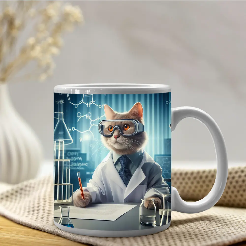 Scientist Cat Lab Coat Chemistry Background – Mugs