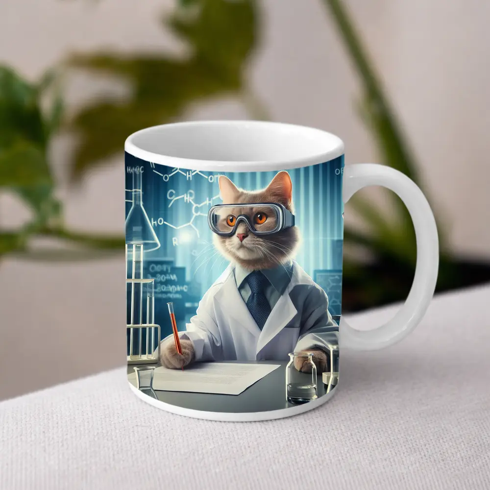 Scientist Cat Lab Coat Chemistry Background – Mugs
