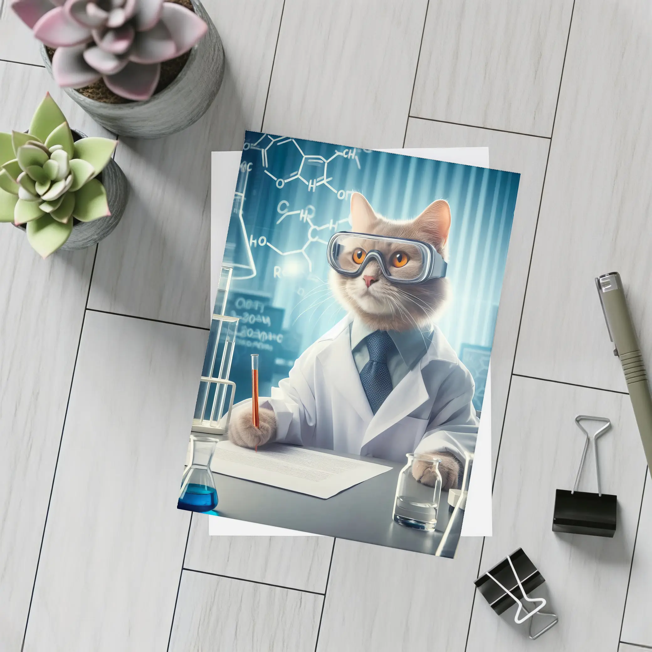Scientist Cat Lab Coat Chemistry Background – Postcards