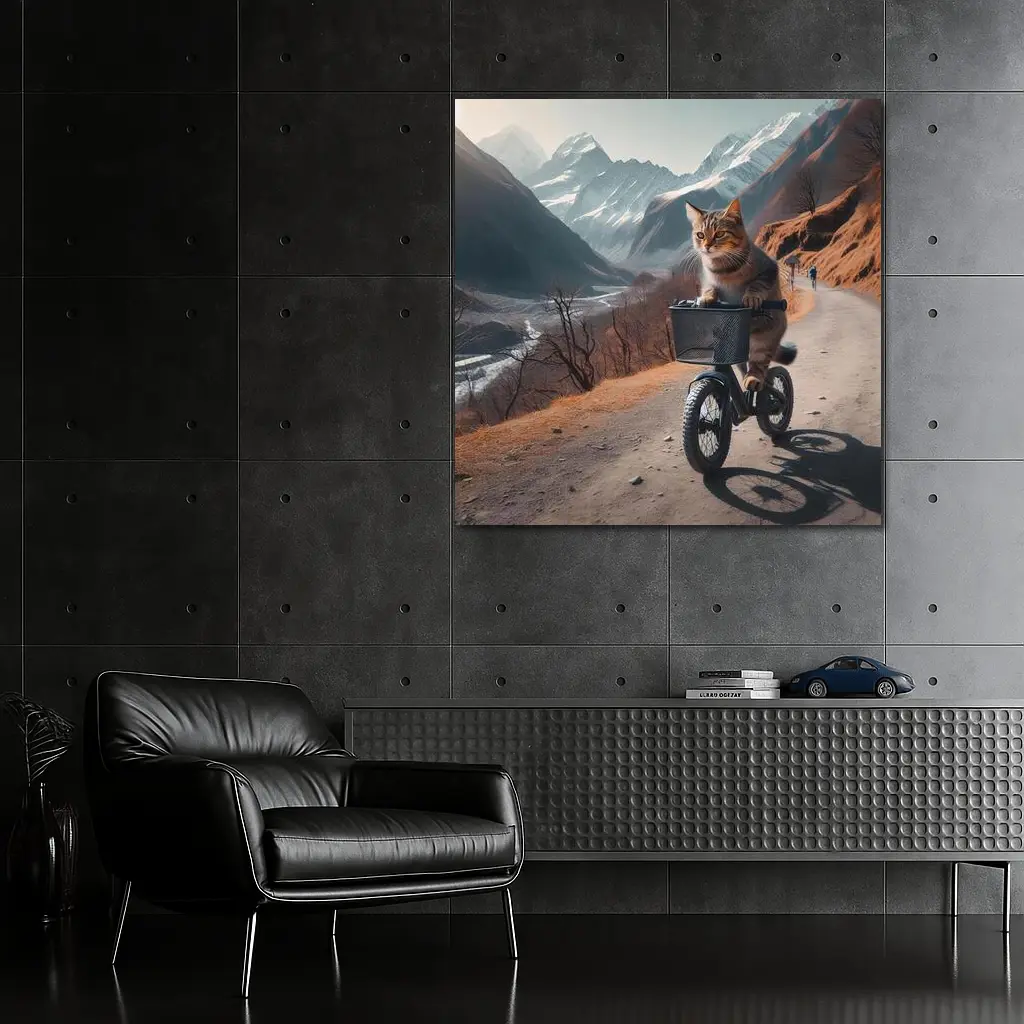 Tabby Cat Riding Bicycle Mountain Road – Wall Art
