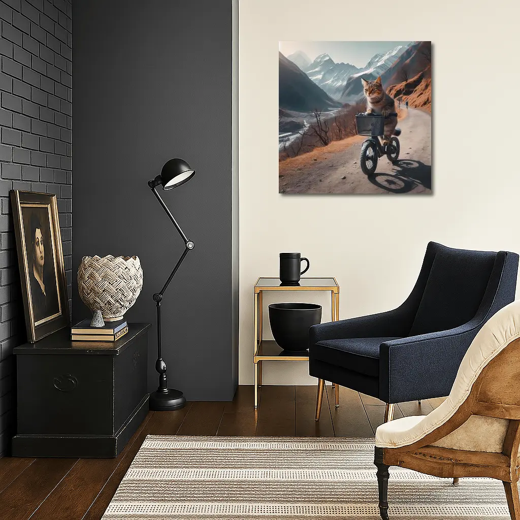 Tabby Cat Riding Bicycle Mountain Road – Wall Art