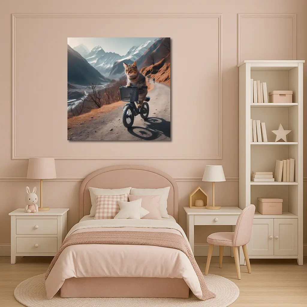Tabby Cat Riding Bicycle Mountain Road – Wall Art