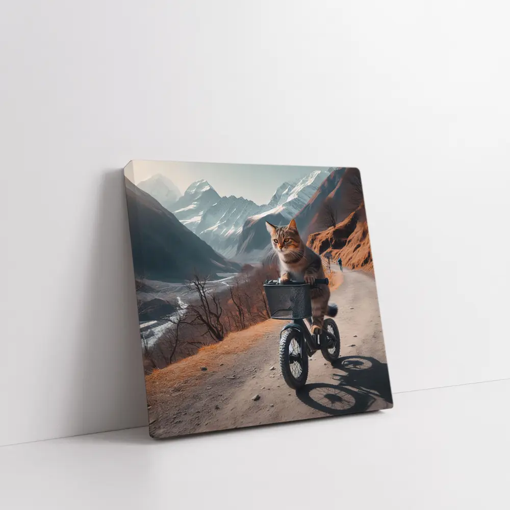 Tabby Cat Riding Bicycle Mountain Road – Wall Art