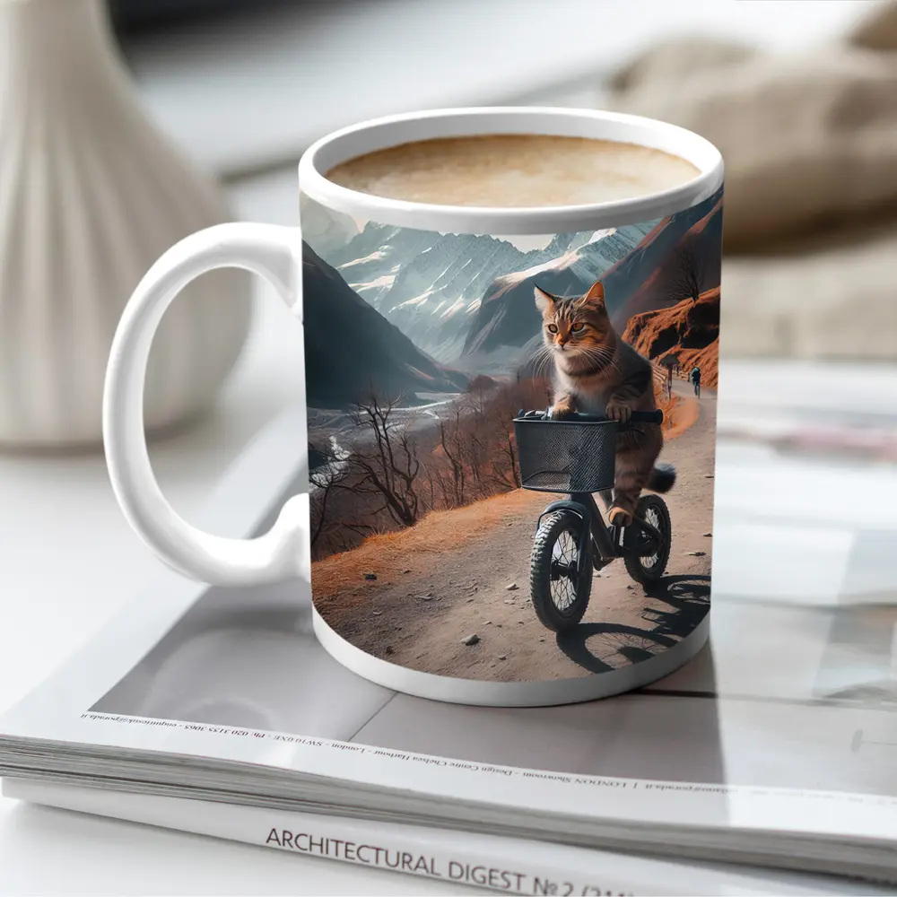 Tabby Cat Riding Bicycle Mountain Road – Mugs