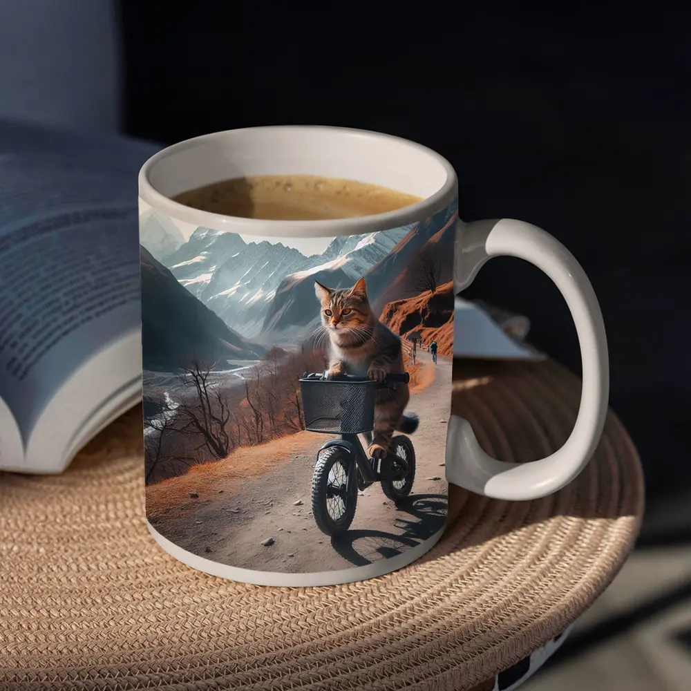 Tabby Cat Riding Bicycle Mountain Road – Mugs