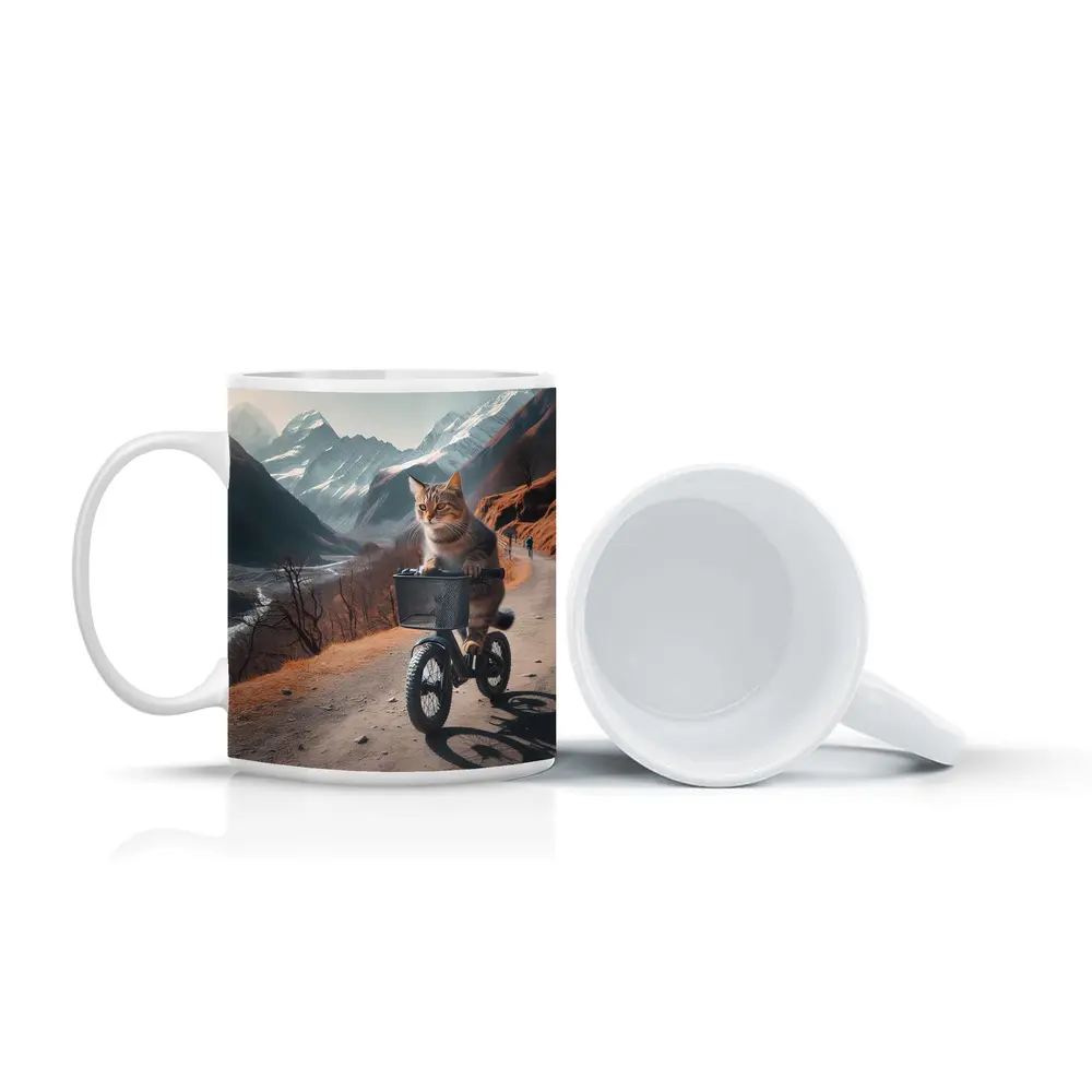 Tabby Cat Riding Bicycle Mountain Road – Mugs