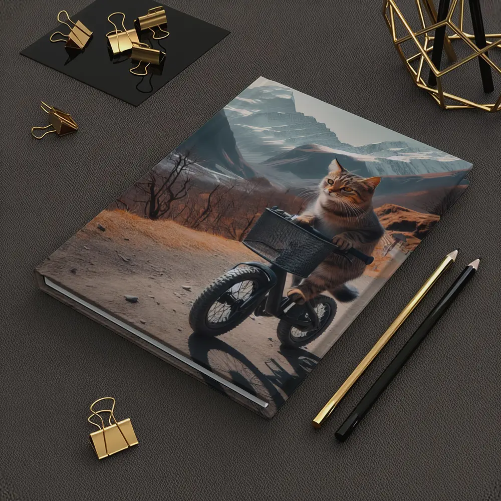 Tabby Cat Riding Bicycle Mountain Road – Notebooks